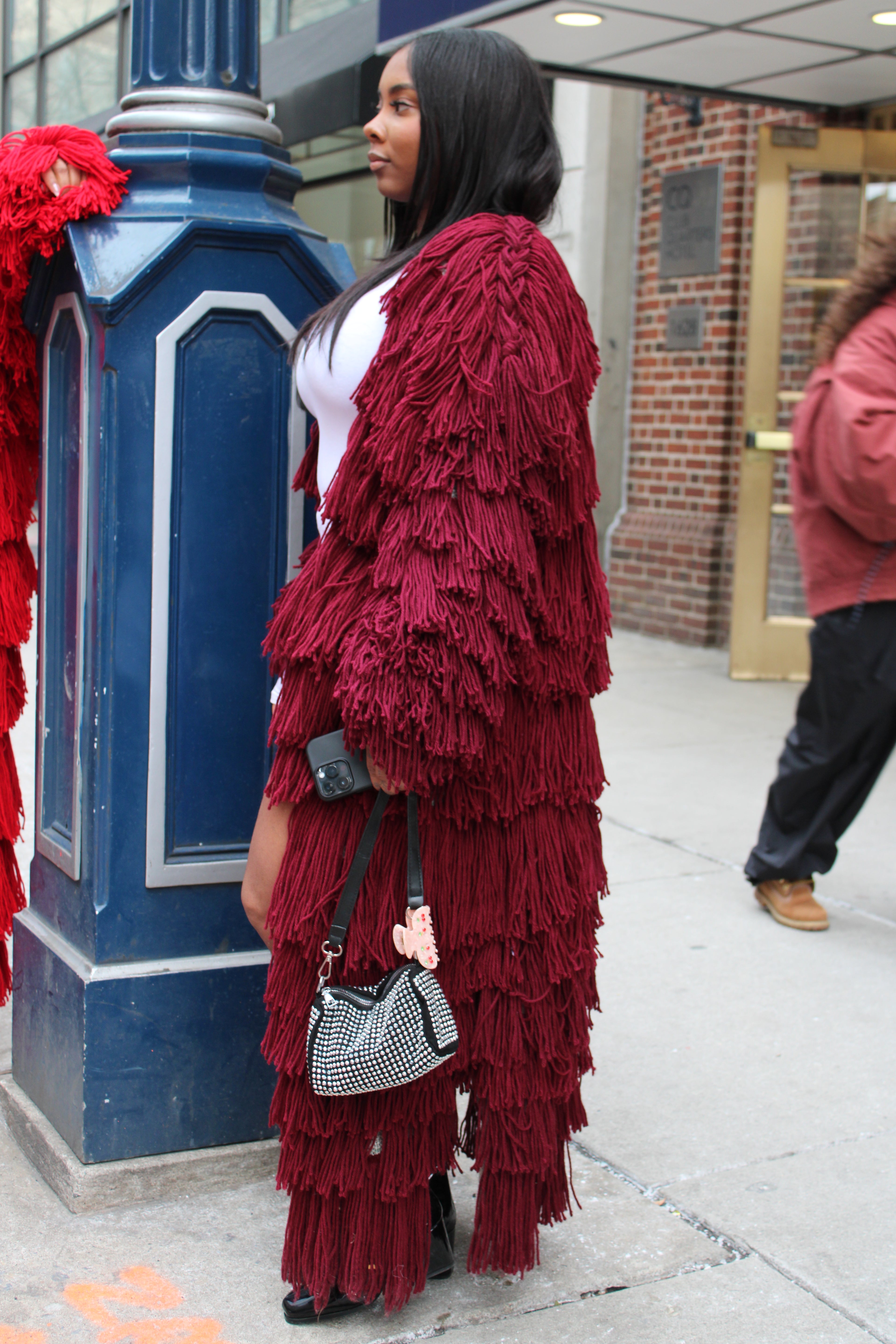 Wine Full Fringed Fringed Sweater